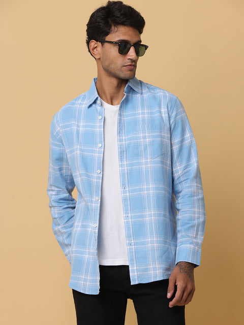 Men's Blue Slim Fit Checkered Casual Shirt