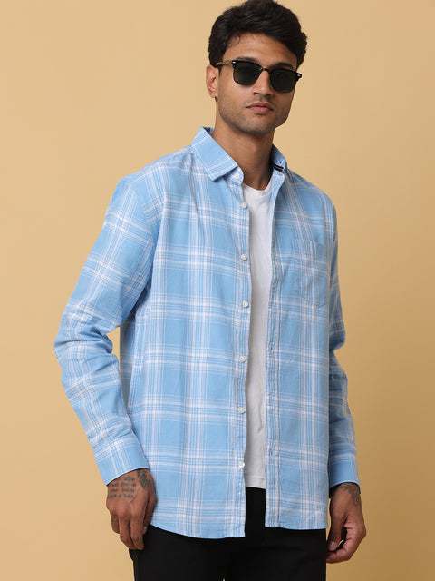 Men's Blue Slim Fit Checkered Casual Shirt