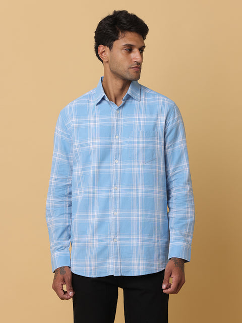 Men's Blue Slim Fit Checkered Casual Shirt