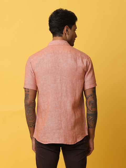 Men's Orange Casual Short Sleeve Slim Fit Linen Shirt