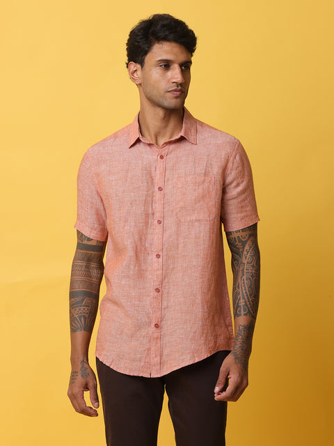 Men's Orange Casual Short Sleeve Slim Fit Linen Shirt