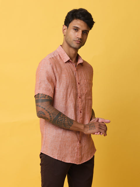 Men's Orange Casual Short Sleeve Slim Fit Linen Shirt