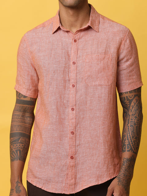 Men's Orange Casual Short Sleeve Slim Fit Linen Shirt