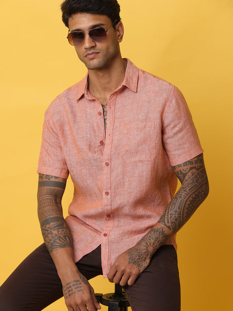 Men's Orange Casual Short Sleeve Slim Fit Linen Shirt