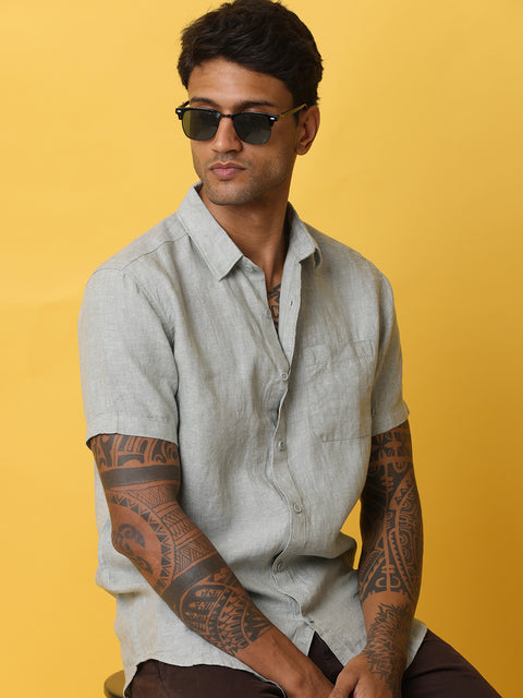 Men's Light Green Casual Half Sleeve Slim Fit Linen Shirt