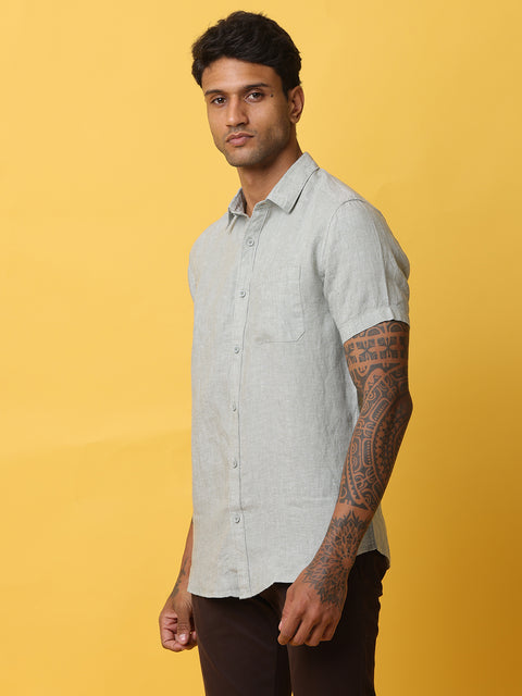 Men's Light Green Casual Half Sleeve Slim Fit Linen Shirt