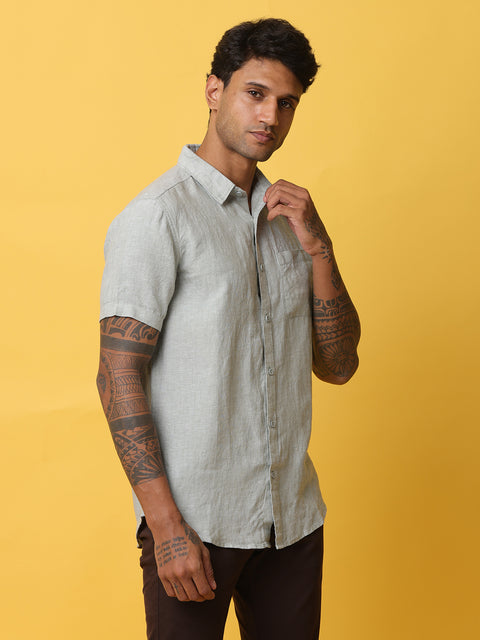 Men's Light Green Casual Half Sleeve Slim Fit Linen Shirt