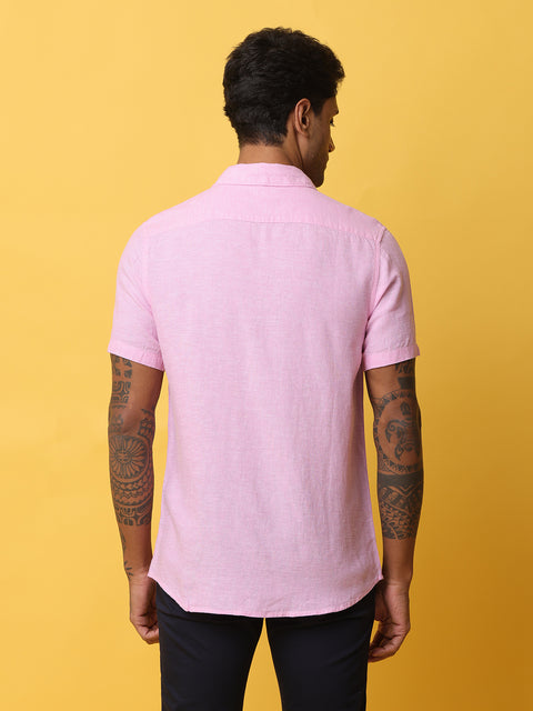 Men's Pink Casual Half Sleeve Slim Fit Linen Shirt