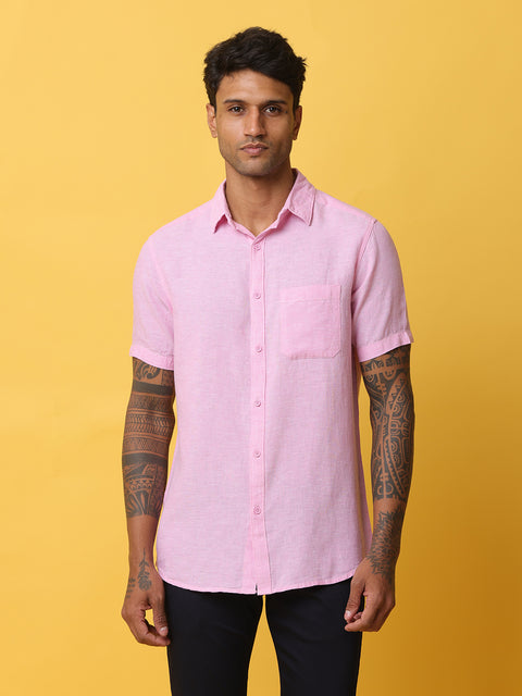 Men's Pink Casual Half Sleeve Slim Fit Linen Shirt