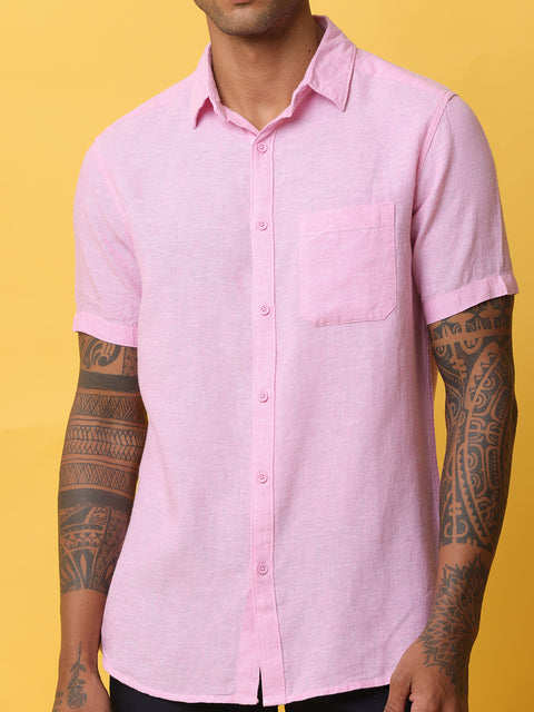 Men's Pink Casual Half Sleeve Slim Fit Linen Shirt