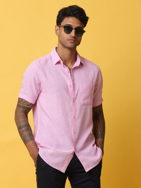 Men's Pink Casual Half Sleeve Slim Fit Linen Shirt