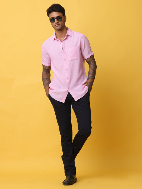 Men's Pink Casual Half Sleeve Slim Fit Linen Shirt