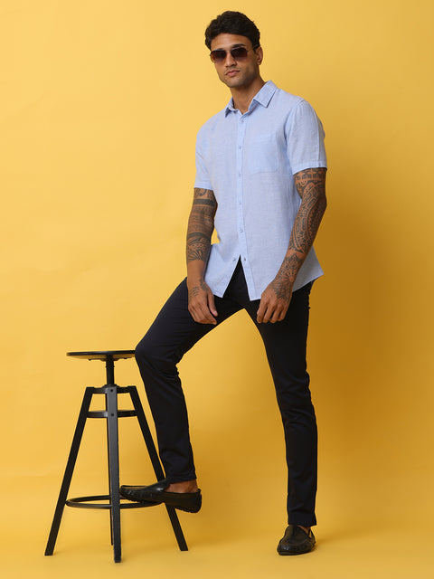 Men's Mid Blue Casual Half Sleeve Slim Fit Linen Shirt