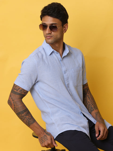 Men's Mid Blue Casual Half Sleeve Slim Fit Linen Shirt