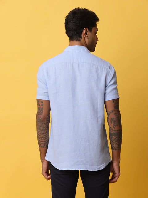 Men's Mid Blue Casual Half Sleeve Slim Fit Linen Shirt