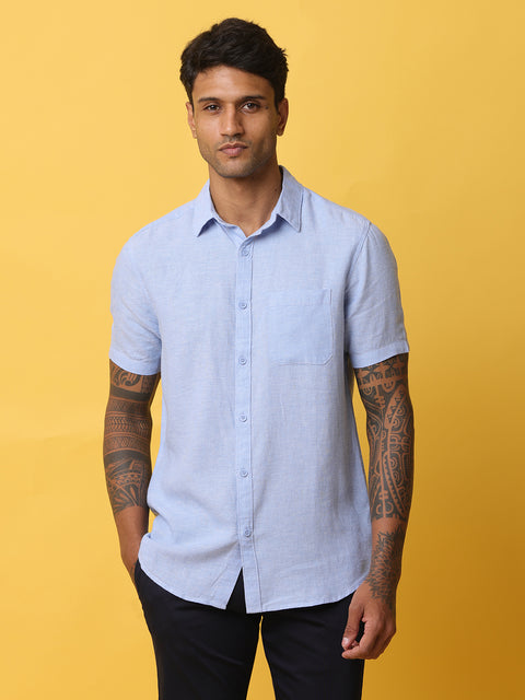 Men's Mid Blue Casual Half Sleeve Slim Fit Linen Shirt