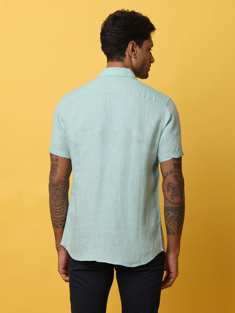 Men's Teal Casual Half Sleeve Slim Fit Linen Shirt