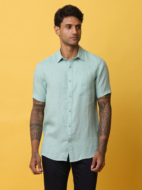 Men's Teal Casual Half Sleeve Slim Fit Linen Shirt