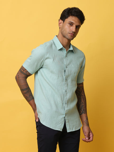 Men's Teal Casual Half Sleeve Slim Fit Linen Shirt