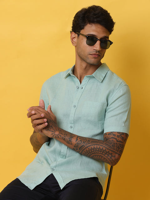 Men's Teal Casual Half Sleeve Slim Fit Linen Shirt