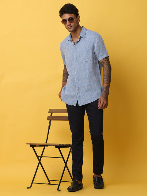 Men's Blue Casual Half Sleeve Slim Fit Linen Shirt