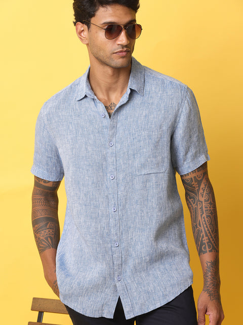 Men's Blue Casual Half Sleeve Slim Fit Linen Shirt