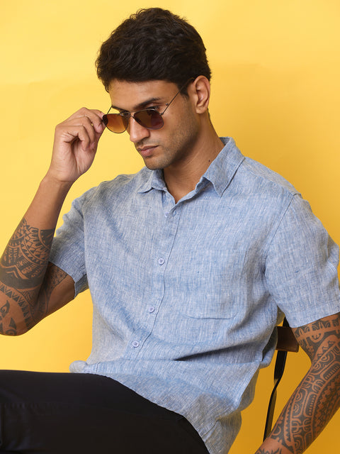 Men's Blue Casual Half Sleeve Slim Fit Linen Shirt