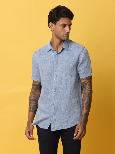 Men's Blue Casual Half Sleeve Slim Fit Linen Shirt