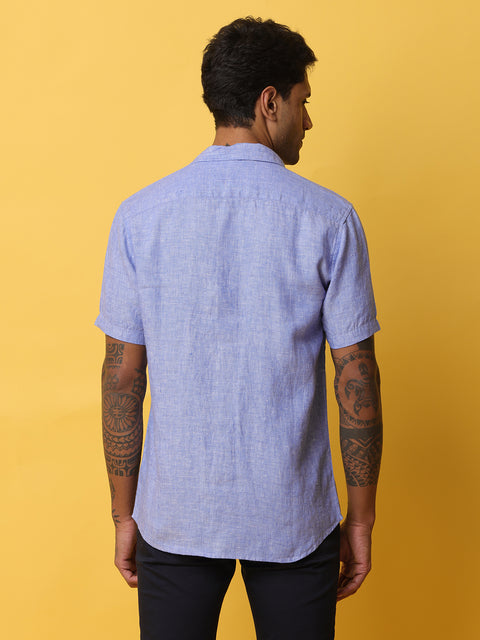 Men's Blue Casual Half Sleeve Slim Fit Linen Shirt