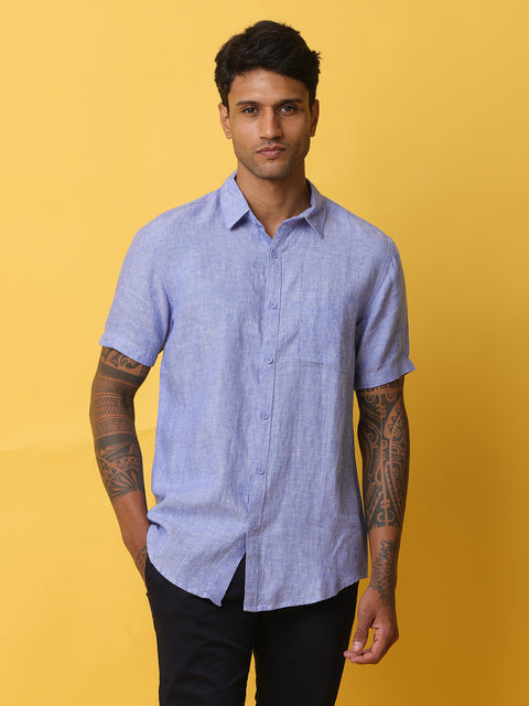 Men's Blue Casual Half Sleeve Slim Fit Linen Shirt