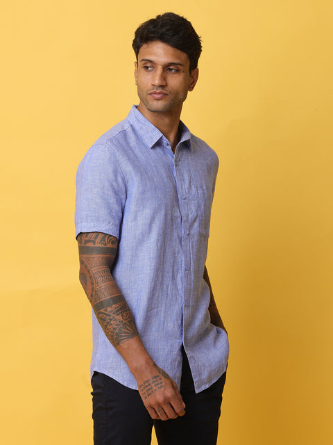 Men's Blue Casual Half Sleeve Slim Fit Linen Shirt