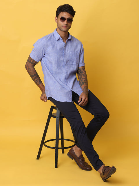 Men's Blue Casual Half Sleeve Slim Fit Linen Shirt