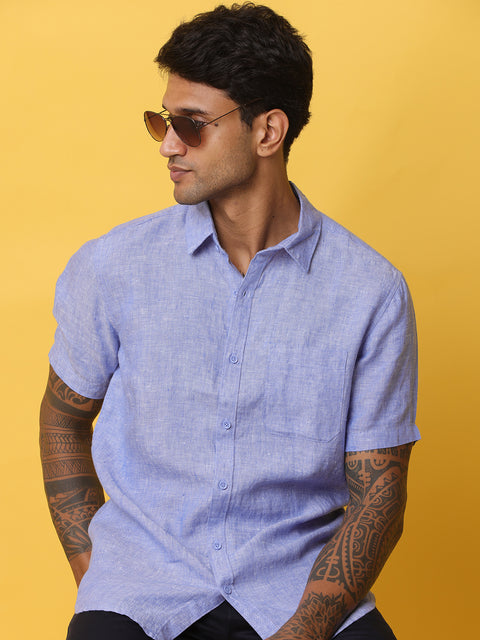 Men's Blue Casual Half Sleeve Slim Fit Linen Shirt