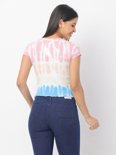 Women's Pink & Blue Slim Fit Knitted Crop Top