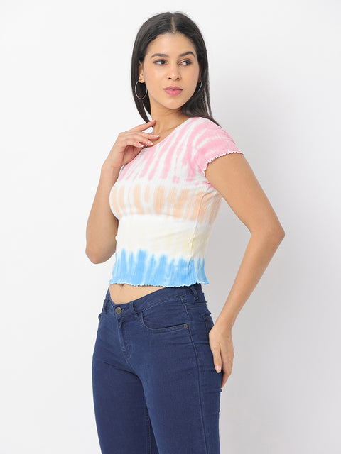 Women's Pink & Blue Slim Fit Knitted Crop Top