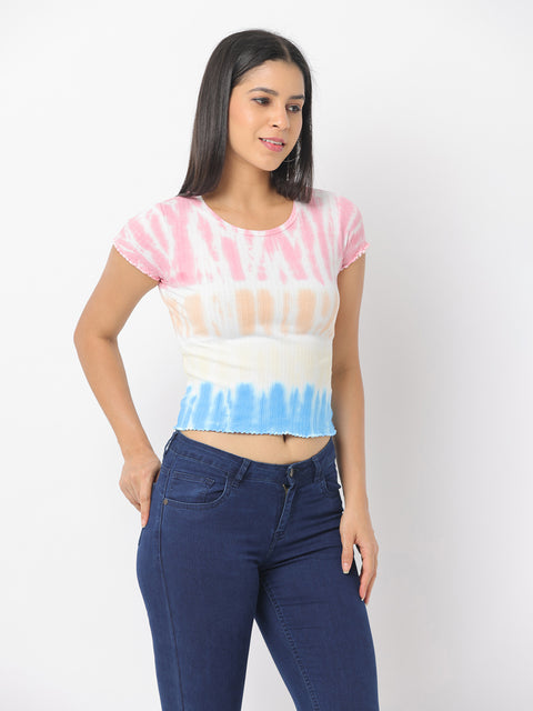 Women's Pink & Blue Slim Fit Knitted Crop Top