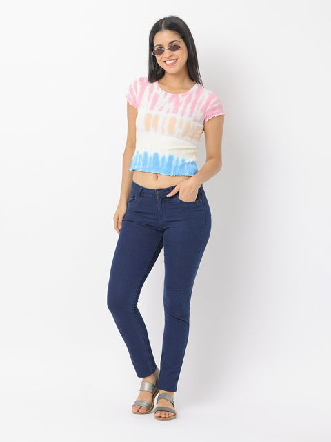 Women's Pink & Blue Slim Fit Knitted Crop Top