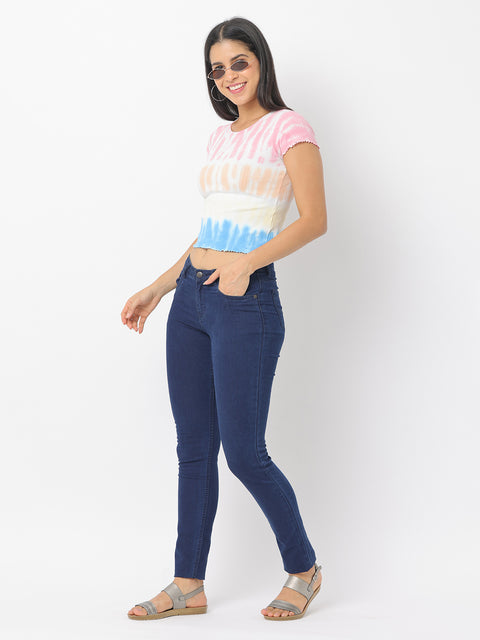 Women's Pink & Blue Slim Fit Knitted Crop Top