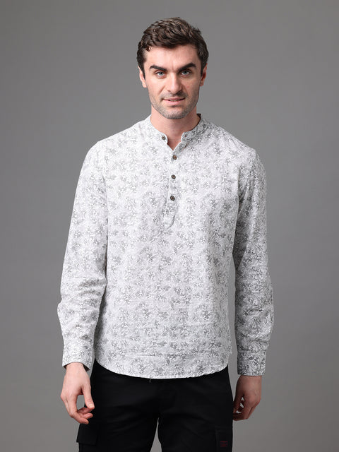 Men's Off White and Grey Cotton Linen Slim Fit Kurta Shirt