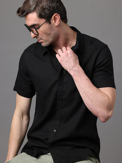 Men's Black Linen Rayon Slim Fit Casual Shirt