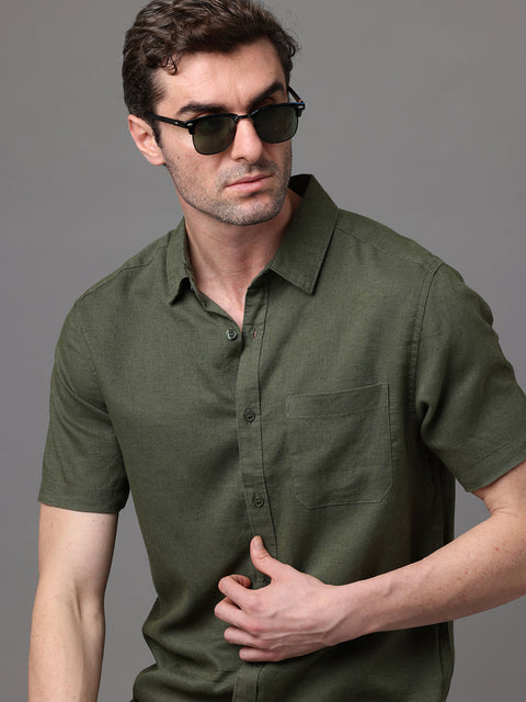 Men's Dark Green Linen Rayon Slim Fit Casual Shirt