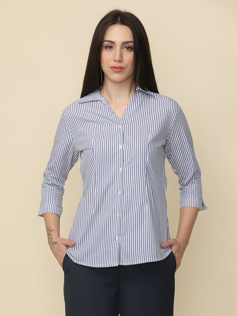 Women's Navy Blue Striped Slim Fit Shirt