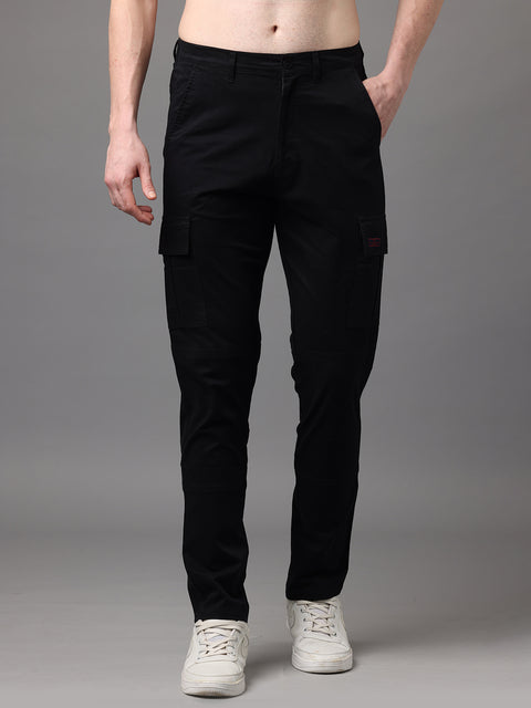 Men's Black Cotton Spandex Slim Fit Cargo Trouser