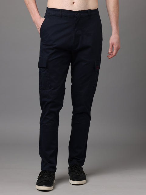 Men's Navy Cotton Spandex Slim Fit Cargo Trouser