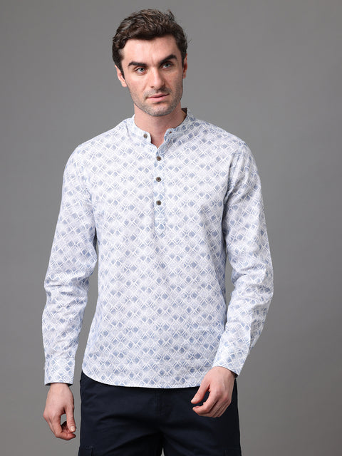 Men's White and Blue Cotton Linen Slim Fit Kurta Shirt