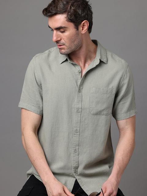 Men's Olive Linen Rayon Slim Fit Casual Shirt