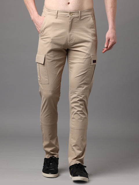 Men's Khaki Cotton Spandex Slim Fit Cargo Trouser