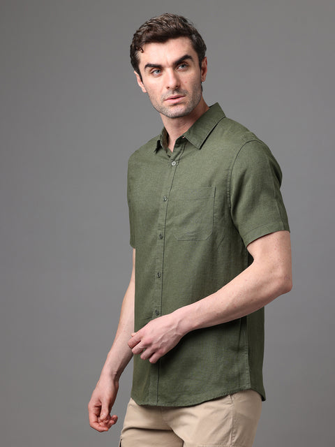 Men's Dark Green Linen Rayon Slim Fit Casual Shirt