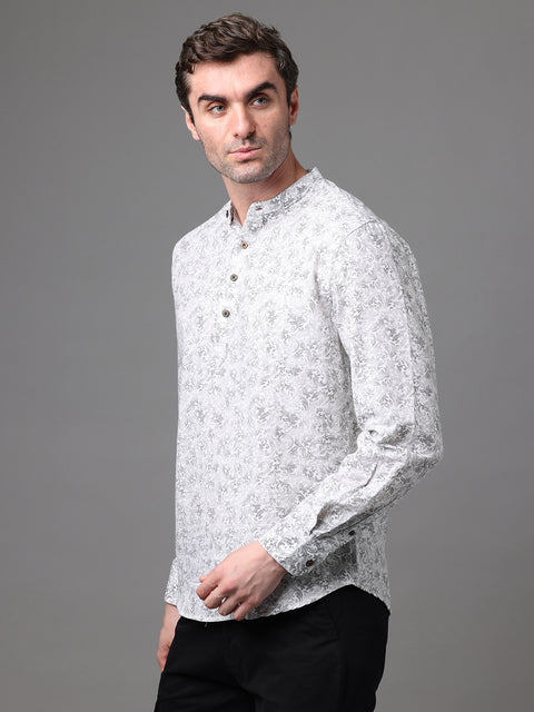 Men's Off White and Grey Cotton Linen Slim Fit Kurta Shirt