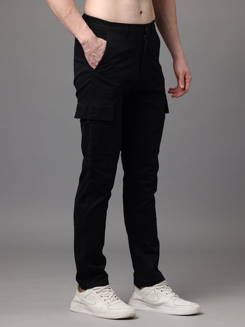 Men's Black Cotton Spandex Slim Fit Cargo Trouser